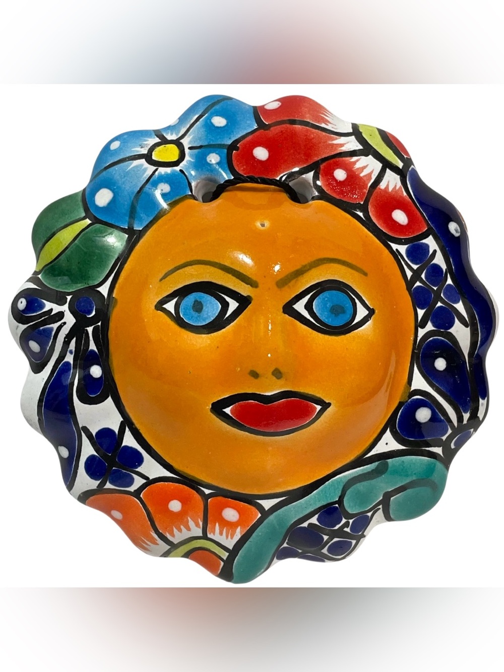 Vintage 1980s Talavera Red Clay Pottery Floral Sun Face Wall Hanging Mexico